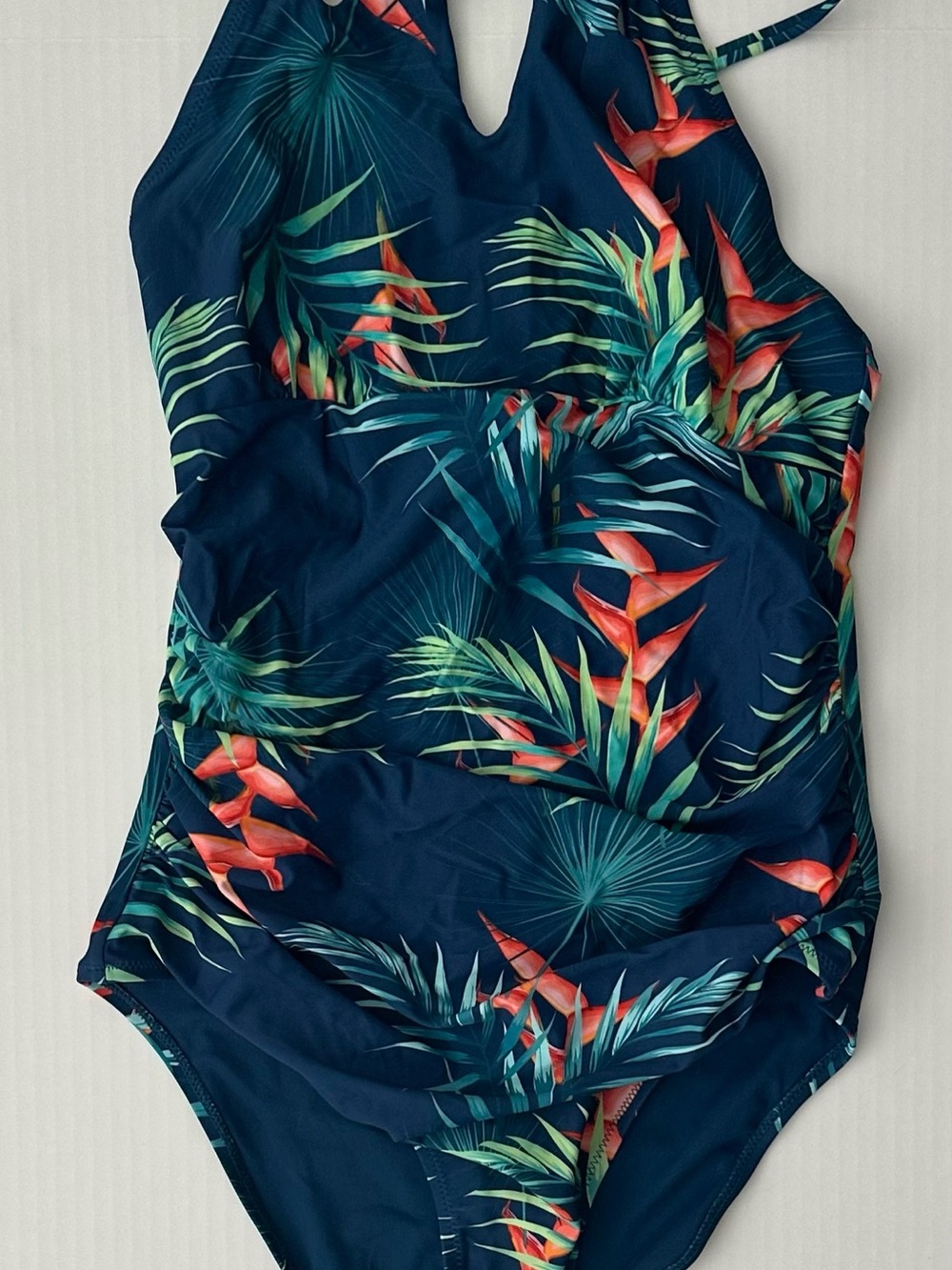Cupshe Navy Tropical One-Piece Swimsuit with Coral & Teal Leaf Print
